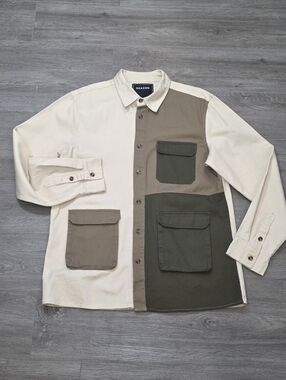 New Reason Button Up Shirt Mens XL Colorblock Square Bottom Utility Pockets